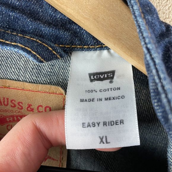 Levis Jacket Mens Extra Large Easy Rider Denim Medium Wash Trucker XL Biker Logo - Picture 12 of 16